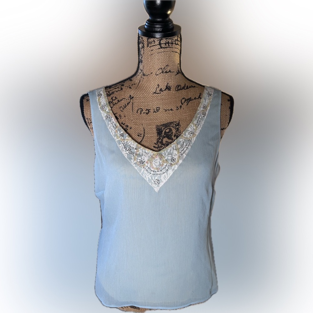 Vintage Y2K Liz Claiborne Crepe Petite Beaded Sequin Lace Tank Top Vest 12P